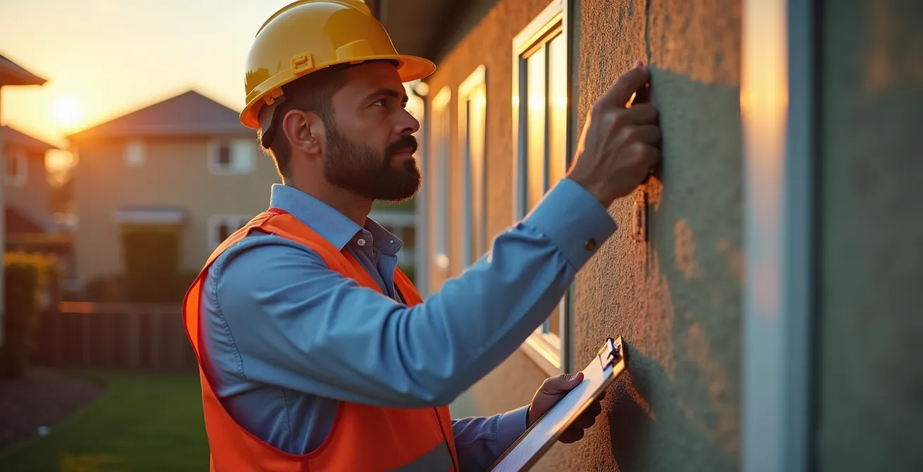 Façade de maison avec fissures structurelles visibles et expert en bâtiment effectuant une inspection