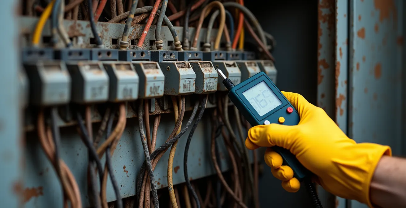 Tableau électrique ancien avec des fils désorganisés et une main d'électricien tenant un testeur
