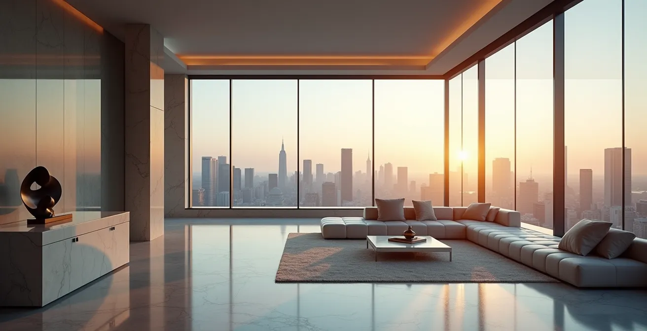 Espace minimaliste avec vue panoramique urbaine symbolisant l'aisance financière