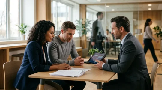 Négociation entre un conseiller bancaire et des clients dans un bureau moderne pour un crédit immobilier