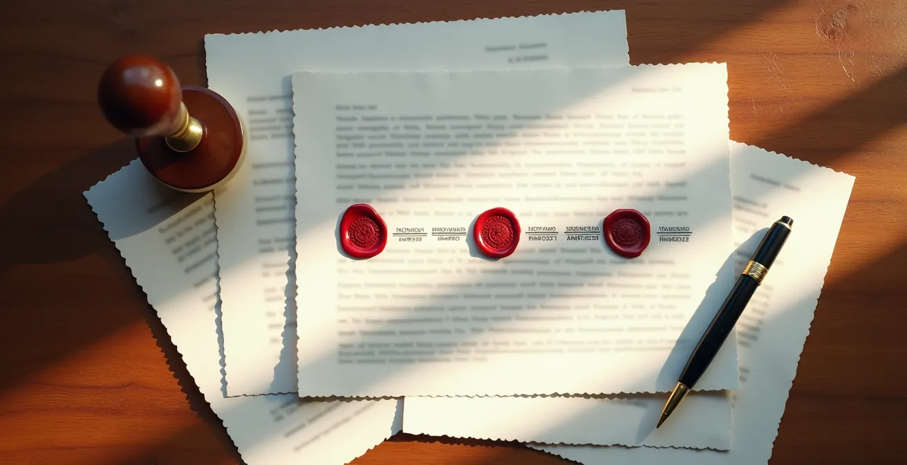 Vue aérienne d'un bureau notarial avec documents administratifs floutés en arrière-plan