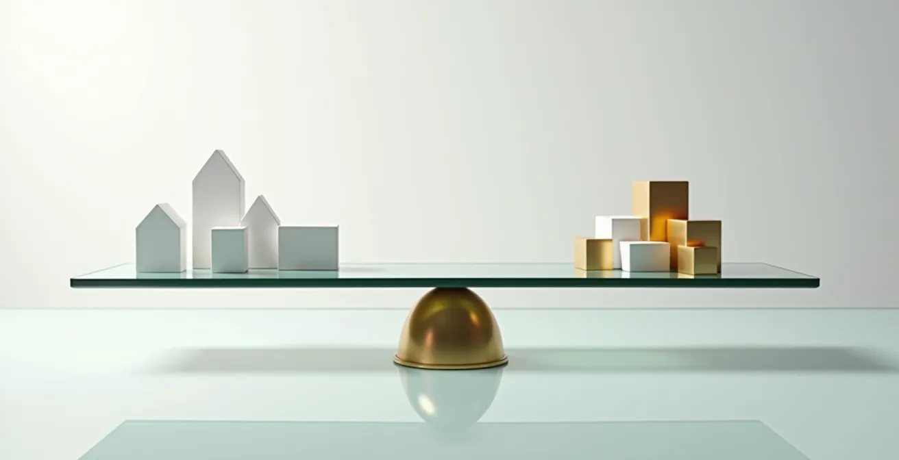 Balance équilibrée avec immeubles miniatures symbolisant l'optimisation fiscale IFI