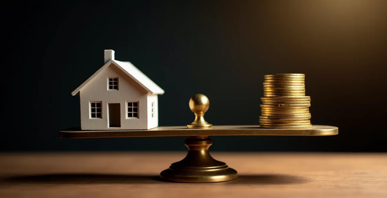 Balance symbolique avec maison miniature d'un côté et pièces d'or de l'autre, éclairage dramatique