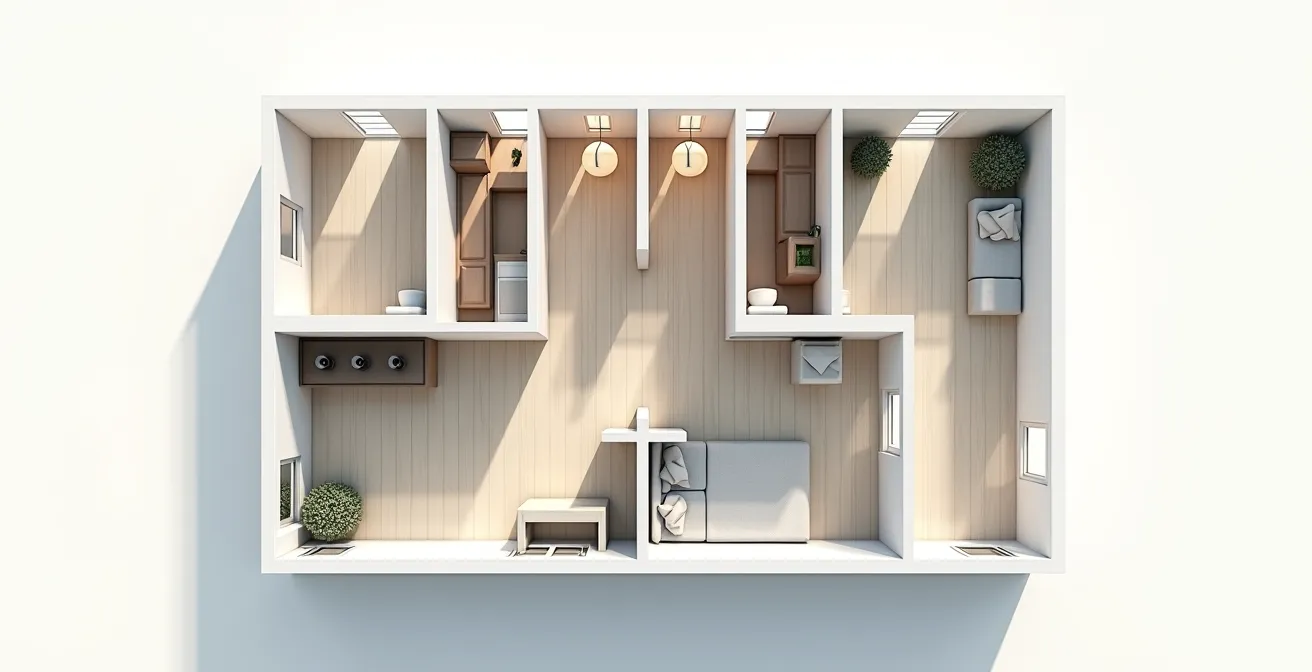 Plan architectural d'un appartement T3 montrant la double orientation et les espaces extérieurs