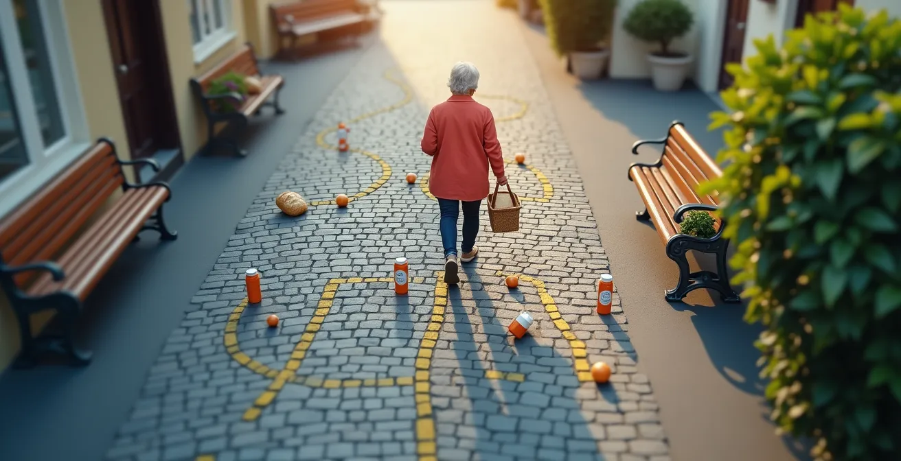 Vue aérienne d'un quartier avec résidence senior au centre, montrant les commerces accessibles à pied dans un rayon de 500 mètres