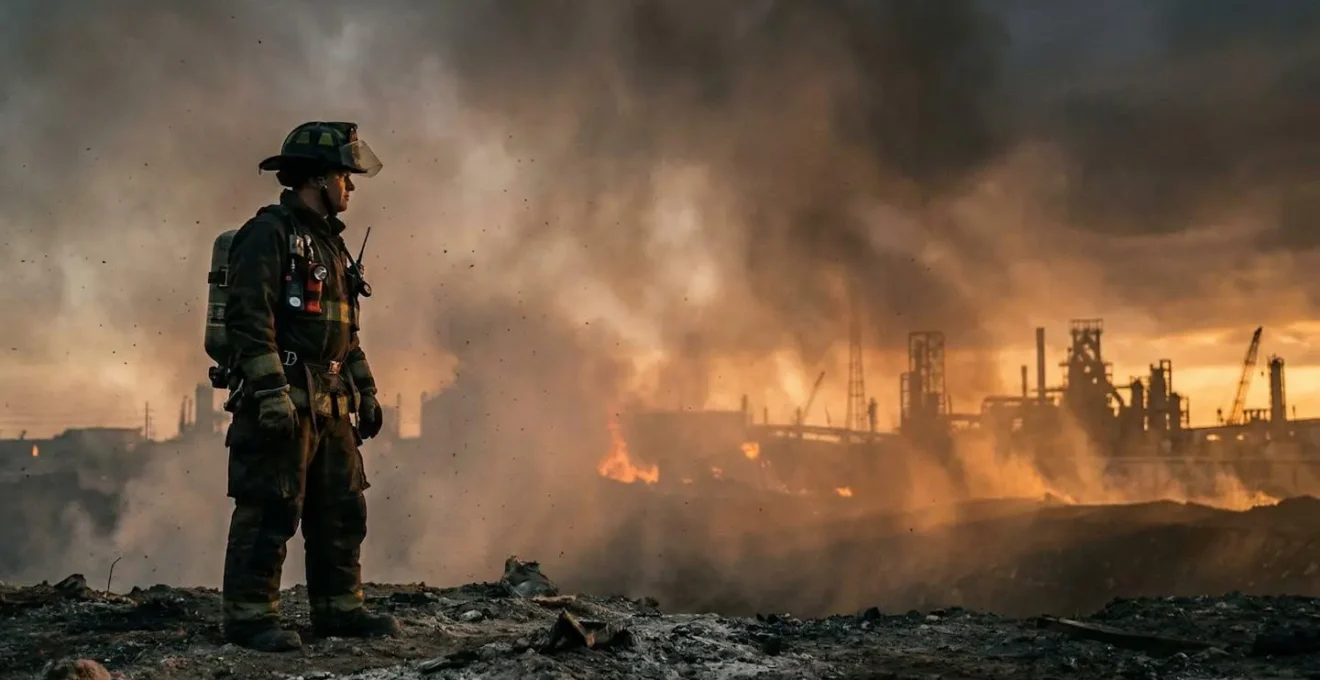 Pompier en équipement complet lors d'une intervention avec flammes en arrière-plan