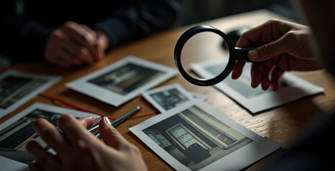 Mise en scène photographique d'éléments de preuve sur un bureau d'enquêteur