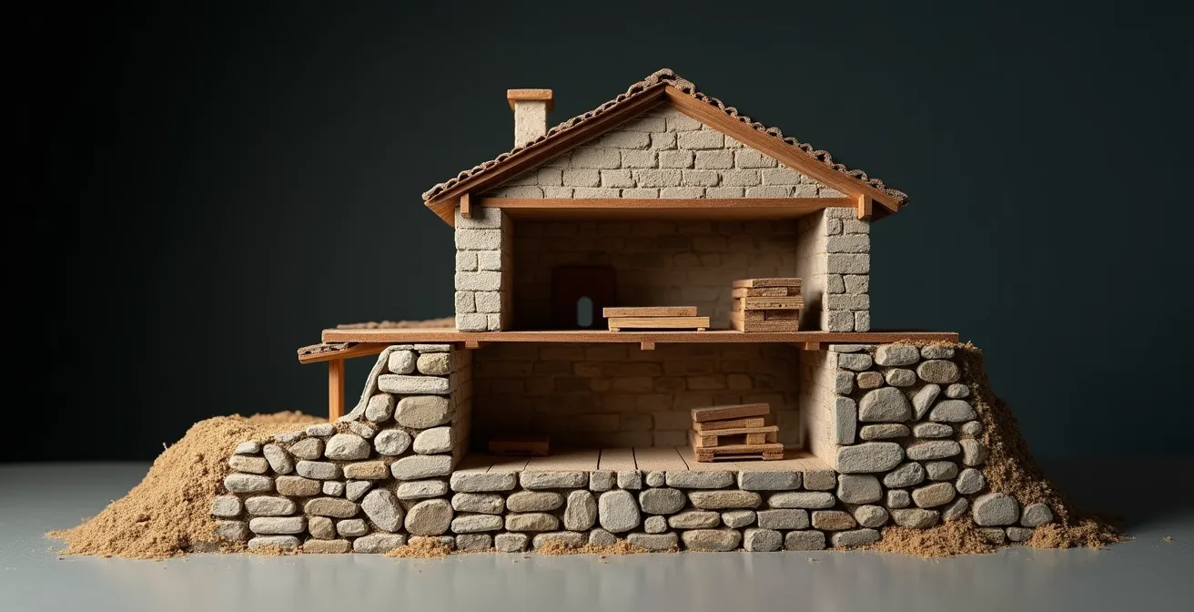 Coupe schématique d'une maison ancienne montrant le principe de descente de charges des fondations au toit