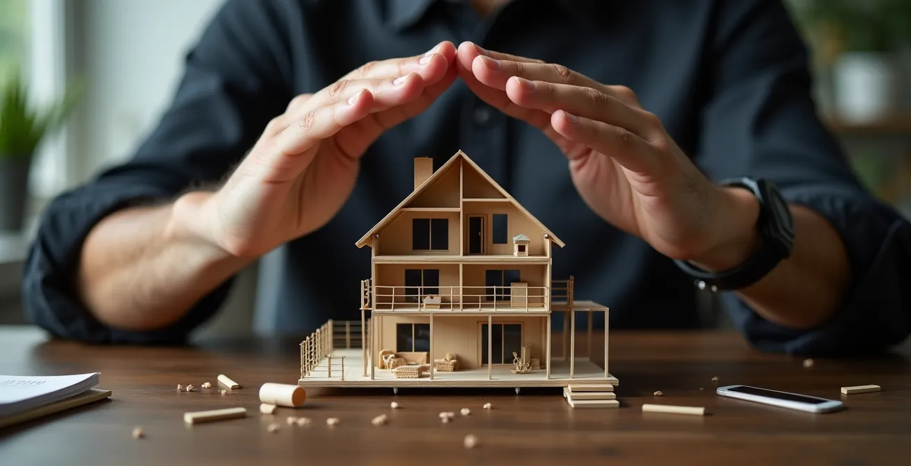 Mains protectrices formant un toit au-dessus d'une maquette de maison en rénovation