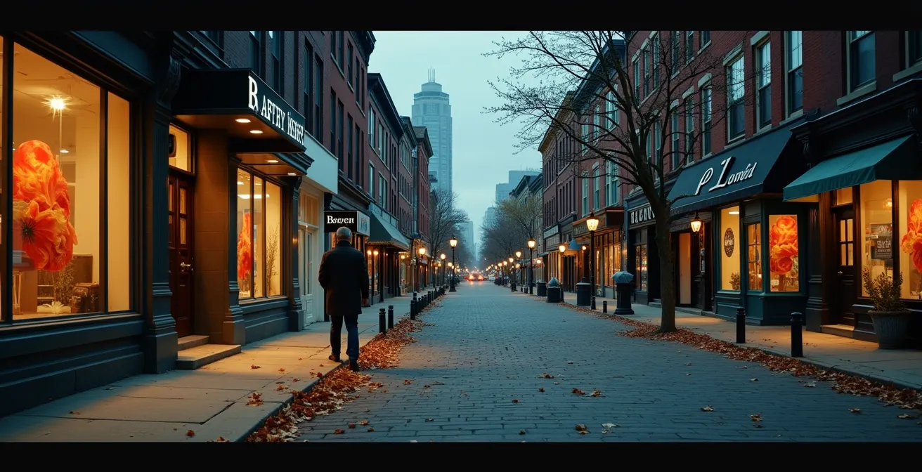 Vue en perspective d'une rue commerçante montrant des signes subtils de déclin avec quelques vitrines vides