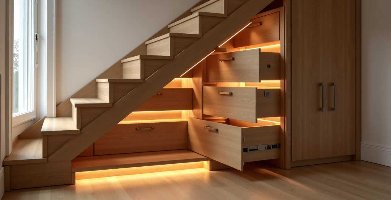 Aménagement design sous escalier avec tiroirs et étagères sur mesure en bois clair