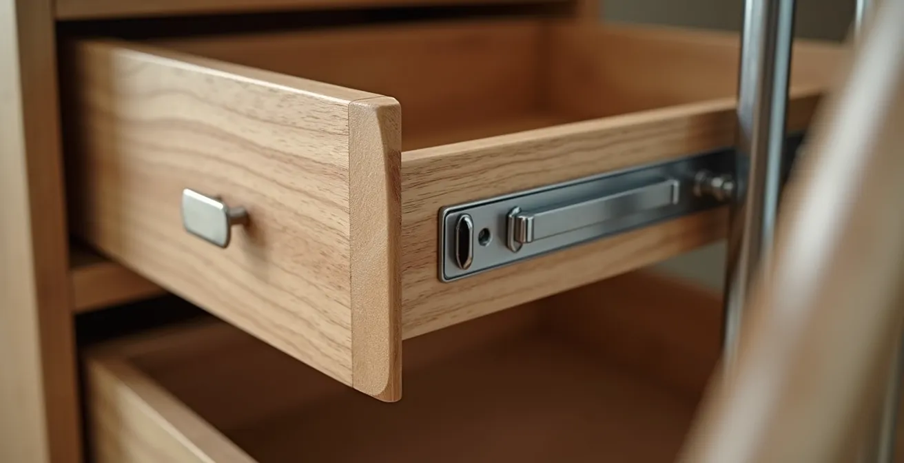 Système de rangement intégré sous un escalier de duplex avec tiroirs coulissants et modules extractibles