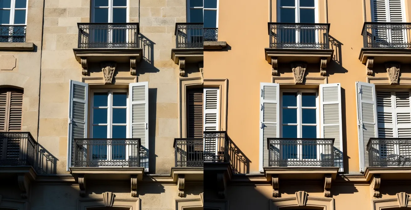 Comparaison avant-après d'un immeuble ancien rénové avec mise en valeur architecturale