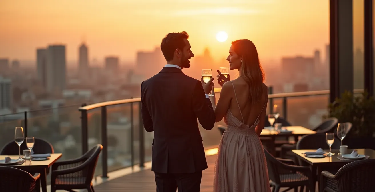 Terrasse rooftop aménagée avec vue panoramique sur la ville au coucher du soleil
