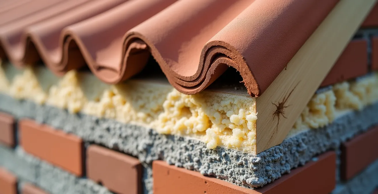 Vue en coupe d'une maison montrant les différentes couches de travaux du toit aux fondations