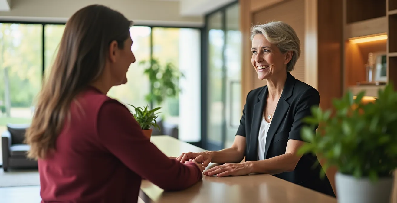 Réception moderne d'une résidence services avec personnel d'accueil