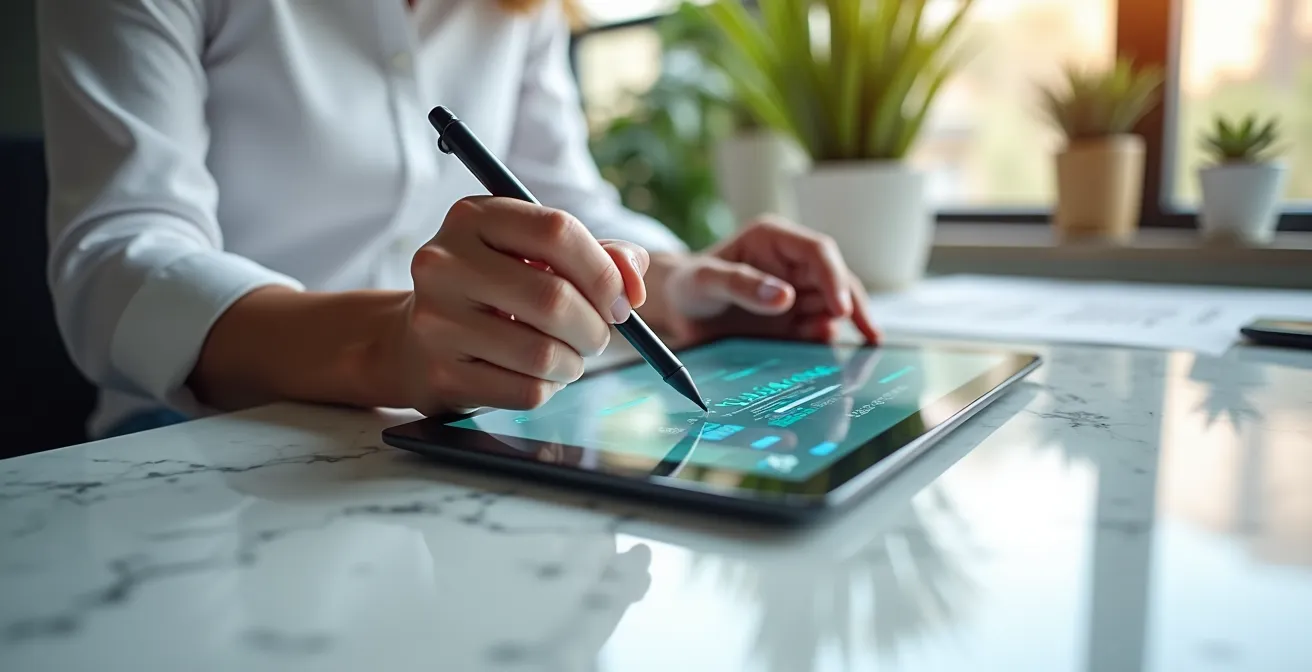 Tablette avec stylet et document numérique, ambiance professionnelle moderne