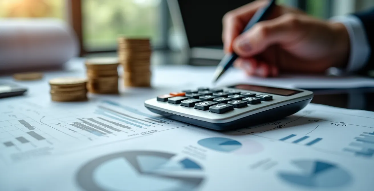 Calculatrice et documents financiers illustrant l'analyse de rentabilité d'un investissement Pinel