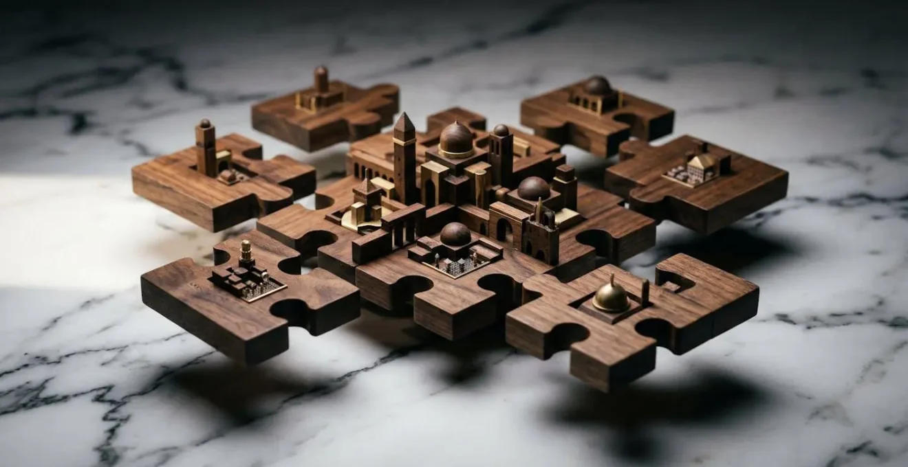 Composition symbolique avec pièces de puzzle s'assemblant représentant l'organisation patrimoniale