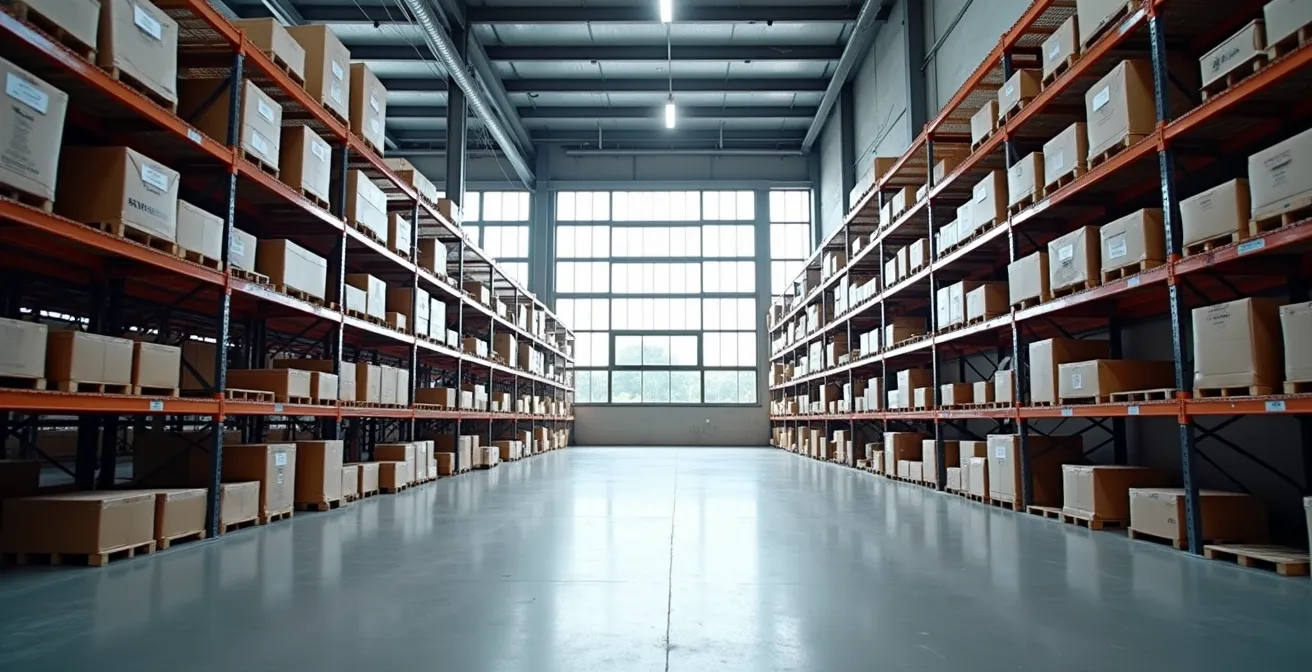 Intérieur d'un ancien immeuble de bureaux transformé en espace logistique moderne