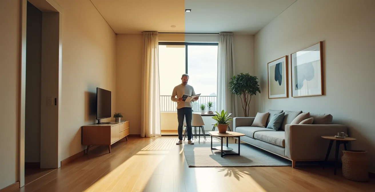 Appartement en cours d'aménagement montrant la transition entre vide et meublé