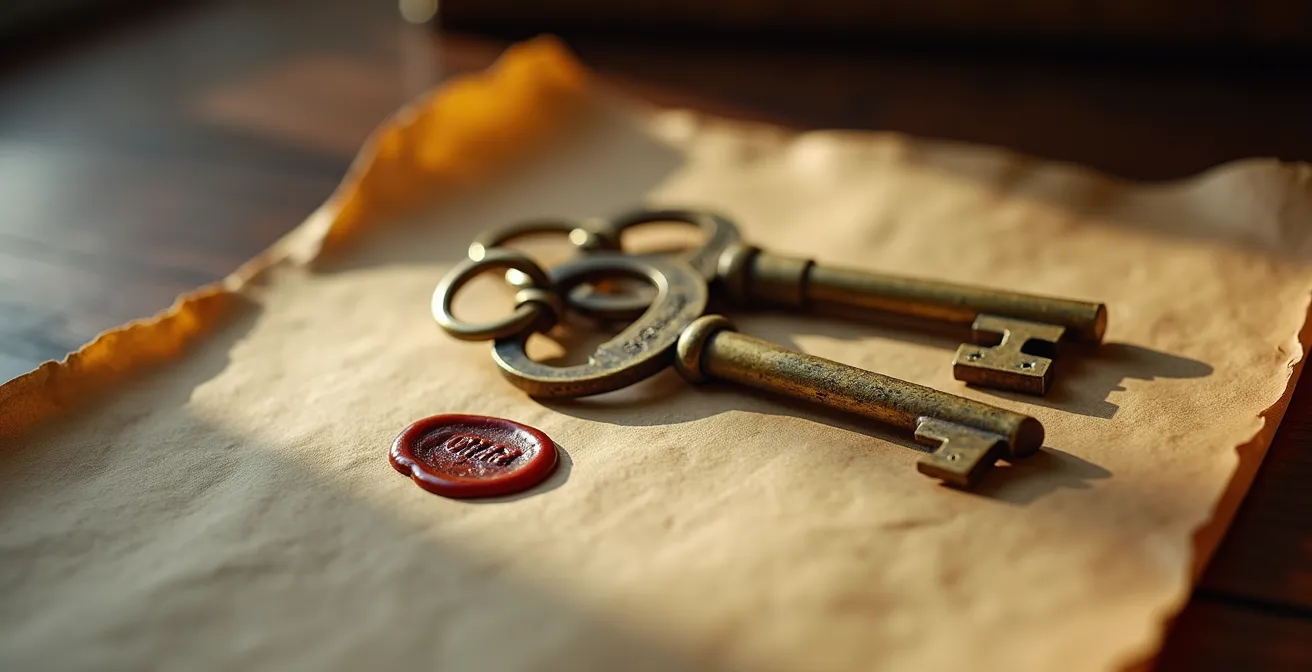 Documents notariaux et clés de maison symbolisant la transmission