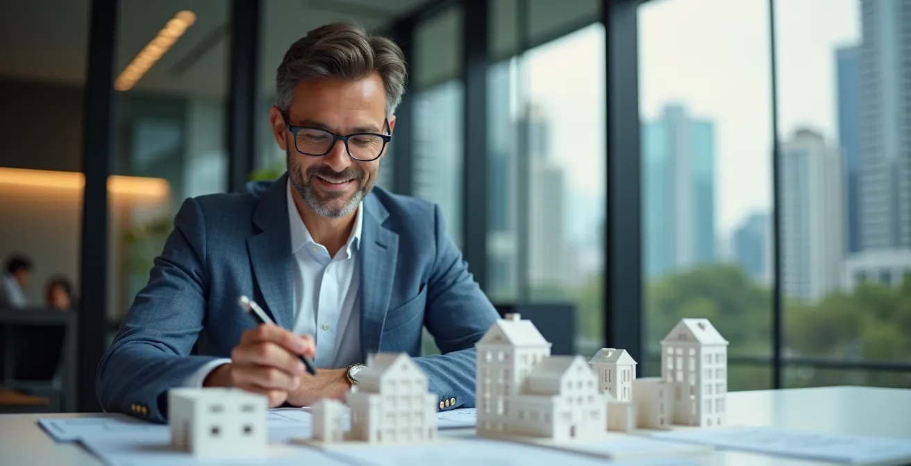 Investisseur international examinant des documents immobiliers dématérialisés avec confiance