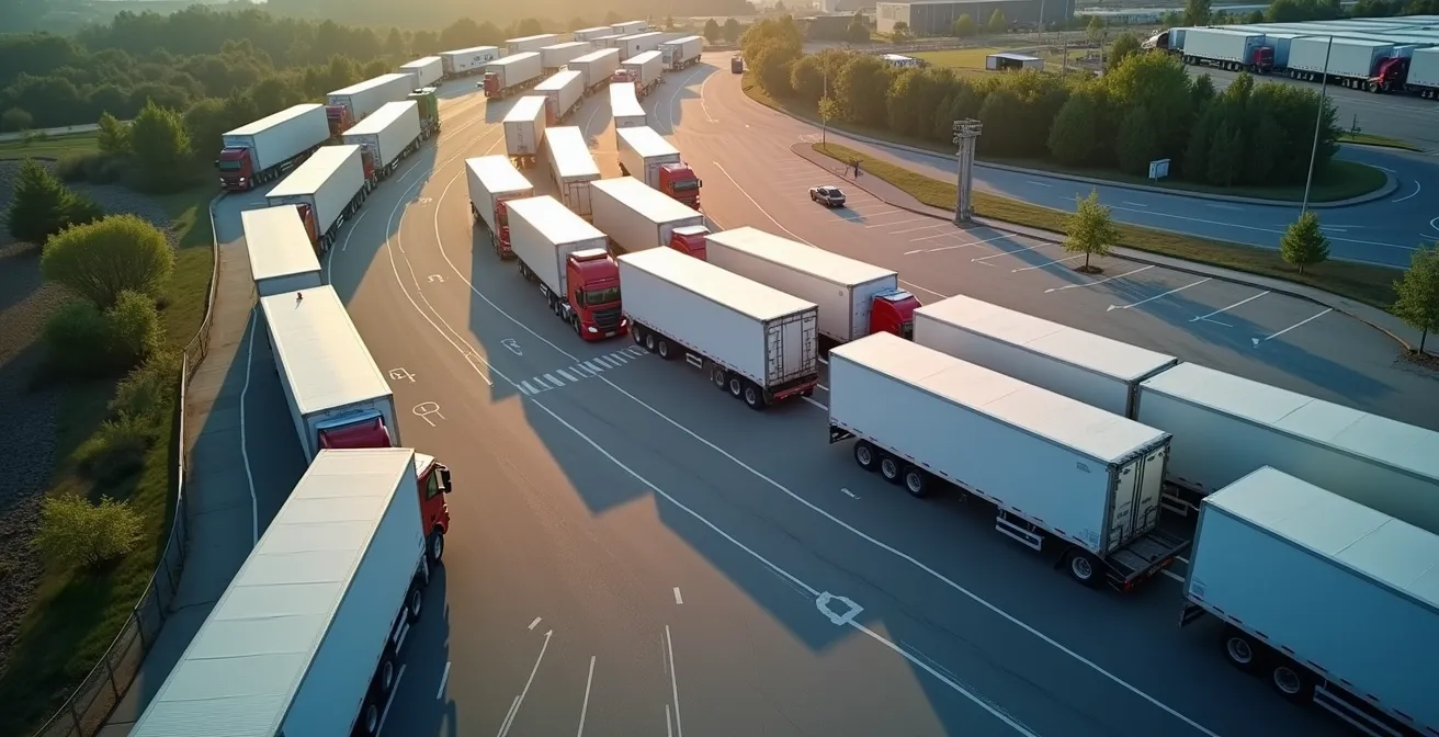 Vue aérienne montrant l'aire de manœuvre et les voies d'accès d'un entrepôt logistique