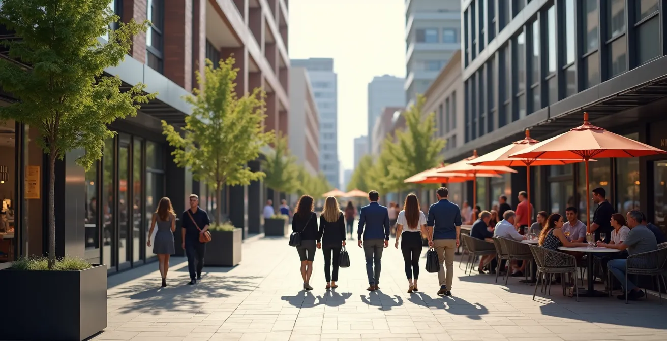 Quartier d'affaires mixte avec bureaux modernes, commerces en rez-de-chaussée et espaces de vie
